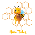 Official Hive Tales logo depicting a stylized bee over a honeycomb pattern, emblematic of natural honey production.