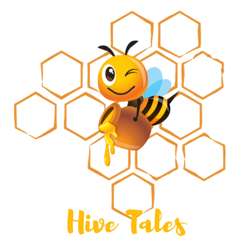 Official Hive Tales logo depicting a stylized bee over a honeycomb pattern, emblematic of natural honey production.