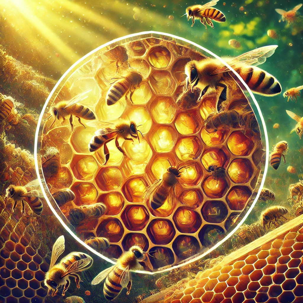 Honeybee hive with bees working on a honeycomb frame filled with golden honey under sunlight, surrounded by nature’s greenery.