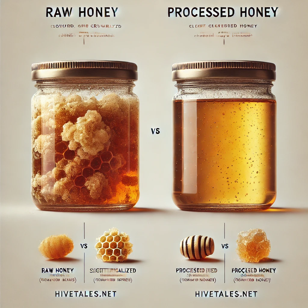 Comparison image of raw honey and processed honey in glass jars, highlighting the cloudy, crystallized texture of raw honey versus the clear, smooth appearance of processed honey.