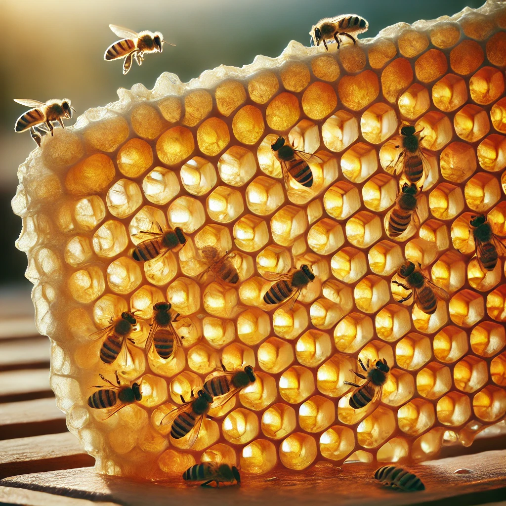 Close-up of capped honey cells on a honeycomb frame, showing golden honey ready for harvest.