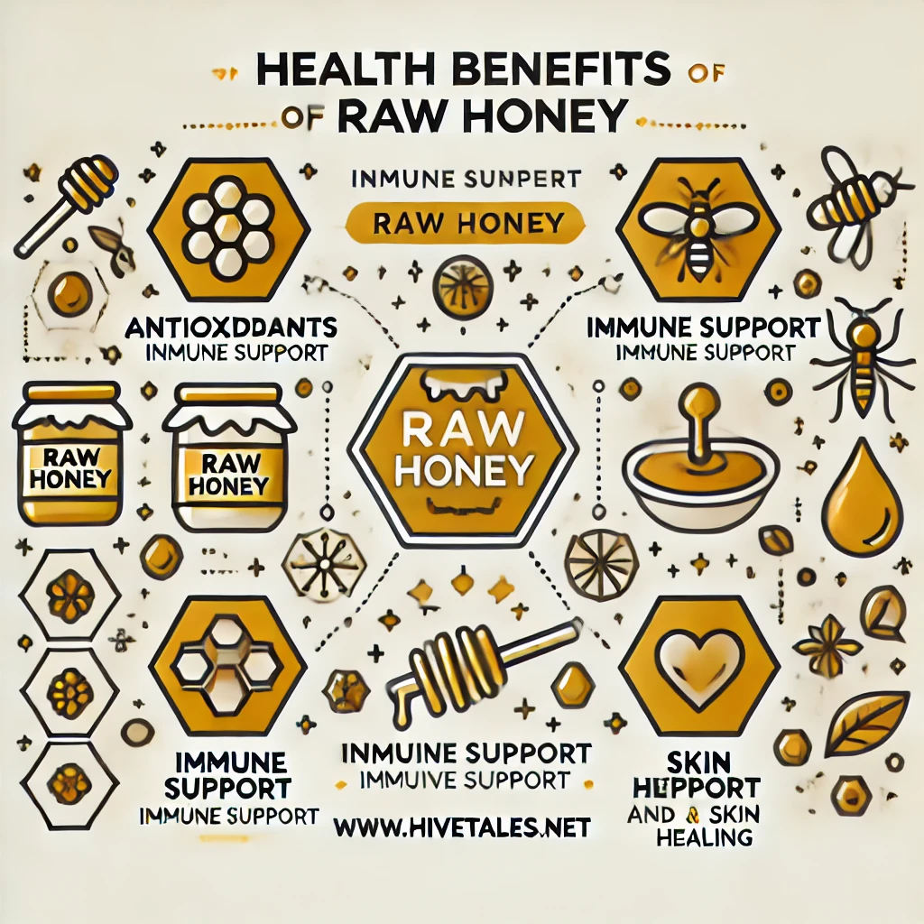 Infographic showing the health benefits of raw honey, featuring icons for antioxidants, immune support, digestive health, and skin healing.