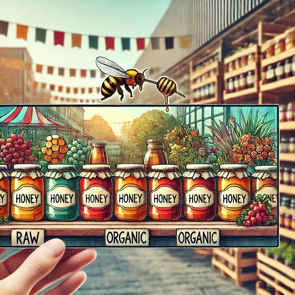 Variety of honey products on display at a local farmer's market, featuring jars labeled 'Raw' and 'Organic.