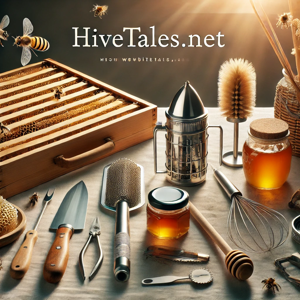 Essential beekeeping tools for honey harvesting including bee smoker, hive tool, bee brush, and honey extractor.