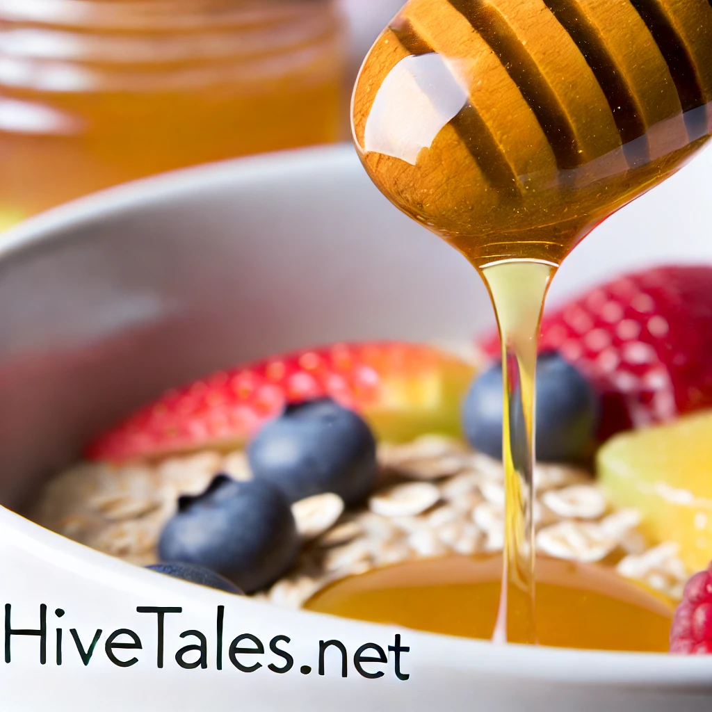 Honey drizzling over a bowl of oatmeal topped with fresh fruit, showcasing honey as a natural sweetener in healthy breakfast recipes.