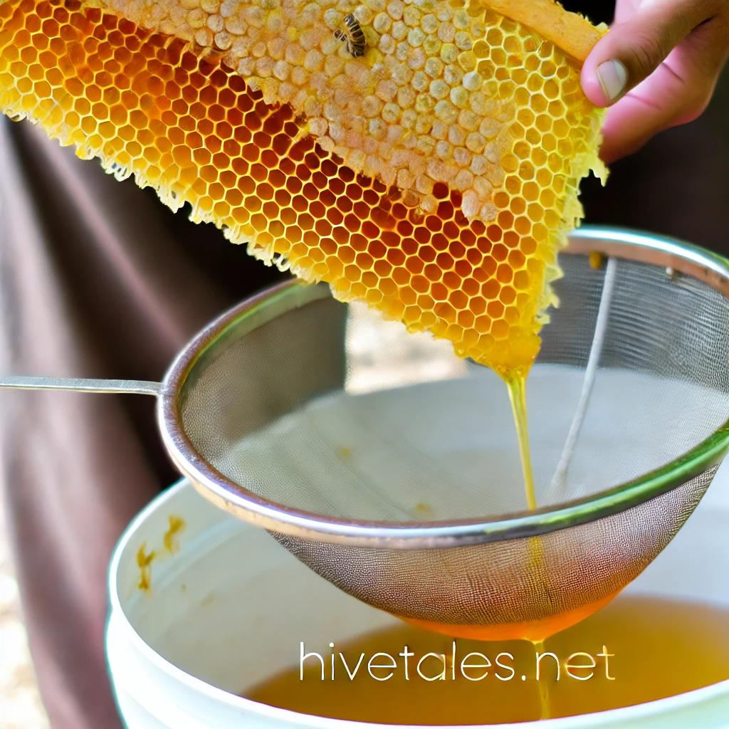 Beekeeper demonstrating the crush and strain honey extraction method with a fine mesh strainer.