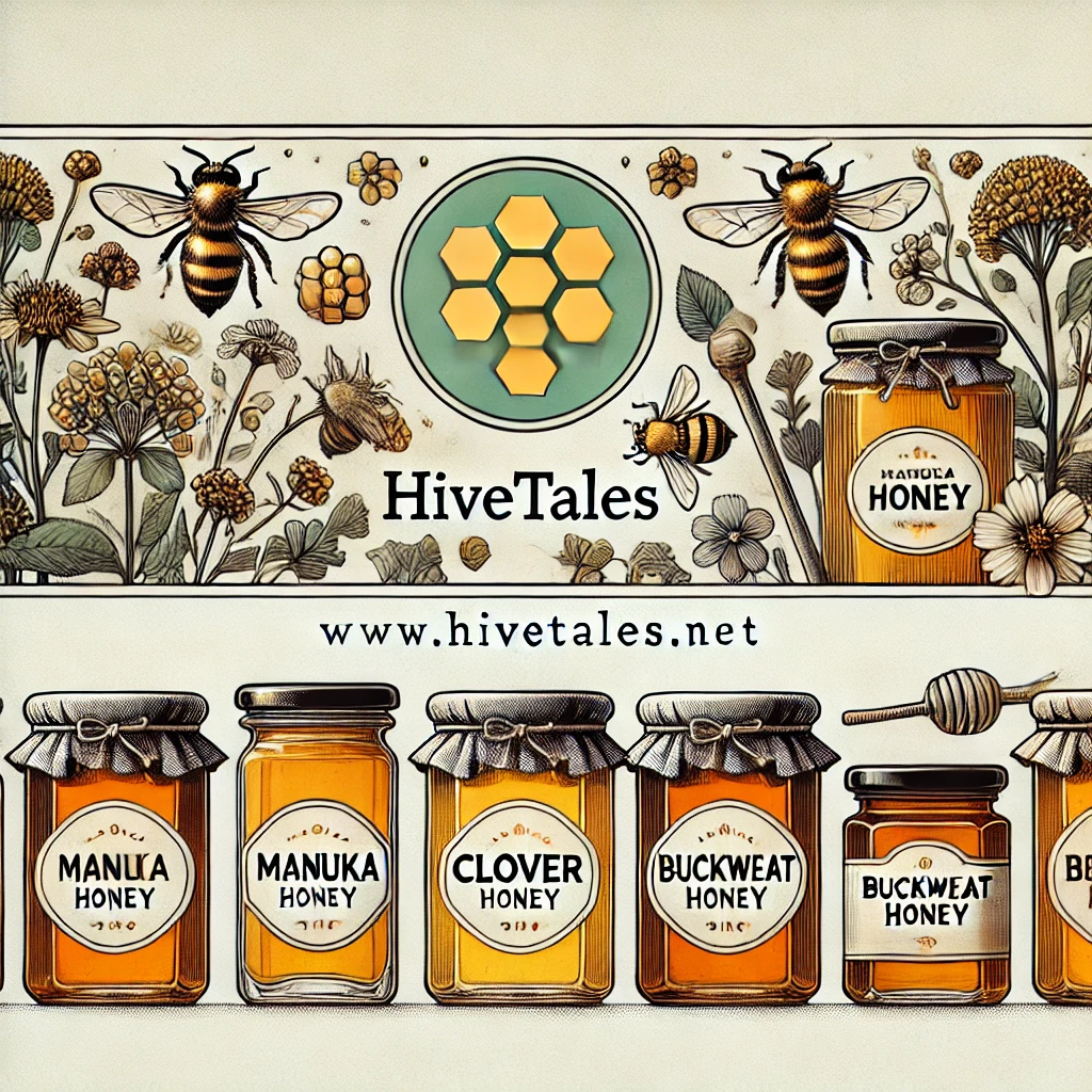 Various types of honey in labeled glass jars, including Manuka, Clover, and Buckwheat honey, arranged to highlight color differences.