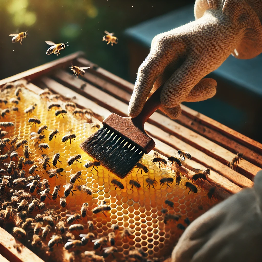 Beekeeper using a soft bee brush to gently move bees off a honeycomb frame.