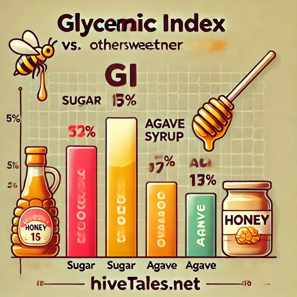 Bar chart comparing the glycemic index (GI) of honey with other sweeteners like sugar and agave syrup, emphasizing honey’s moderate GI.