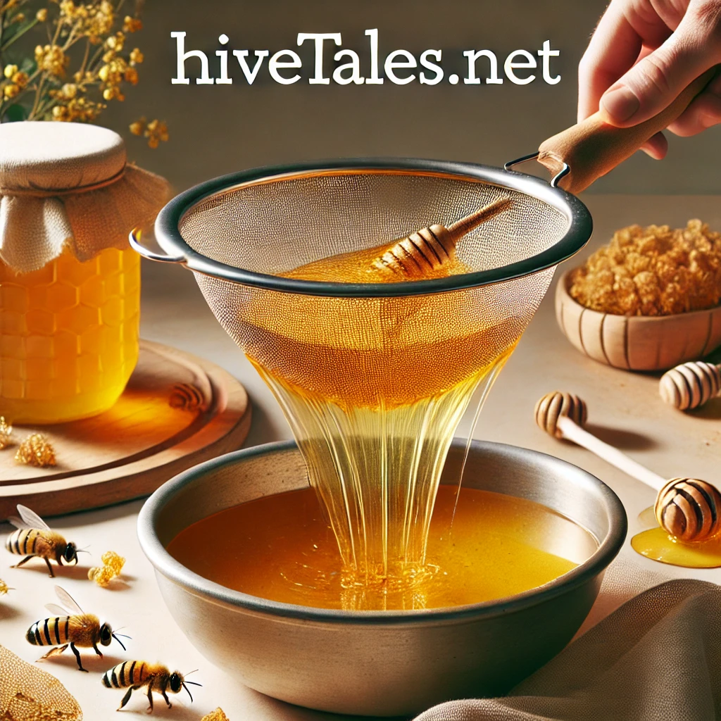 Freshly harvested honey being strained through a fine mesh into a clean container, showing clear, golden honey flowing.