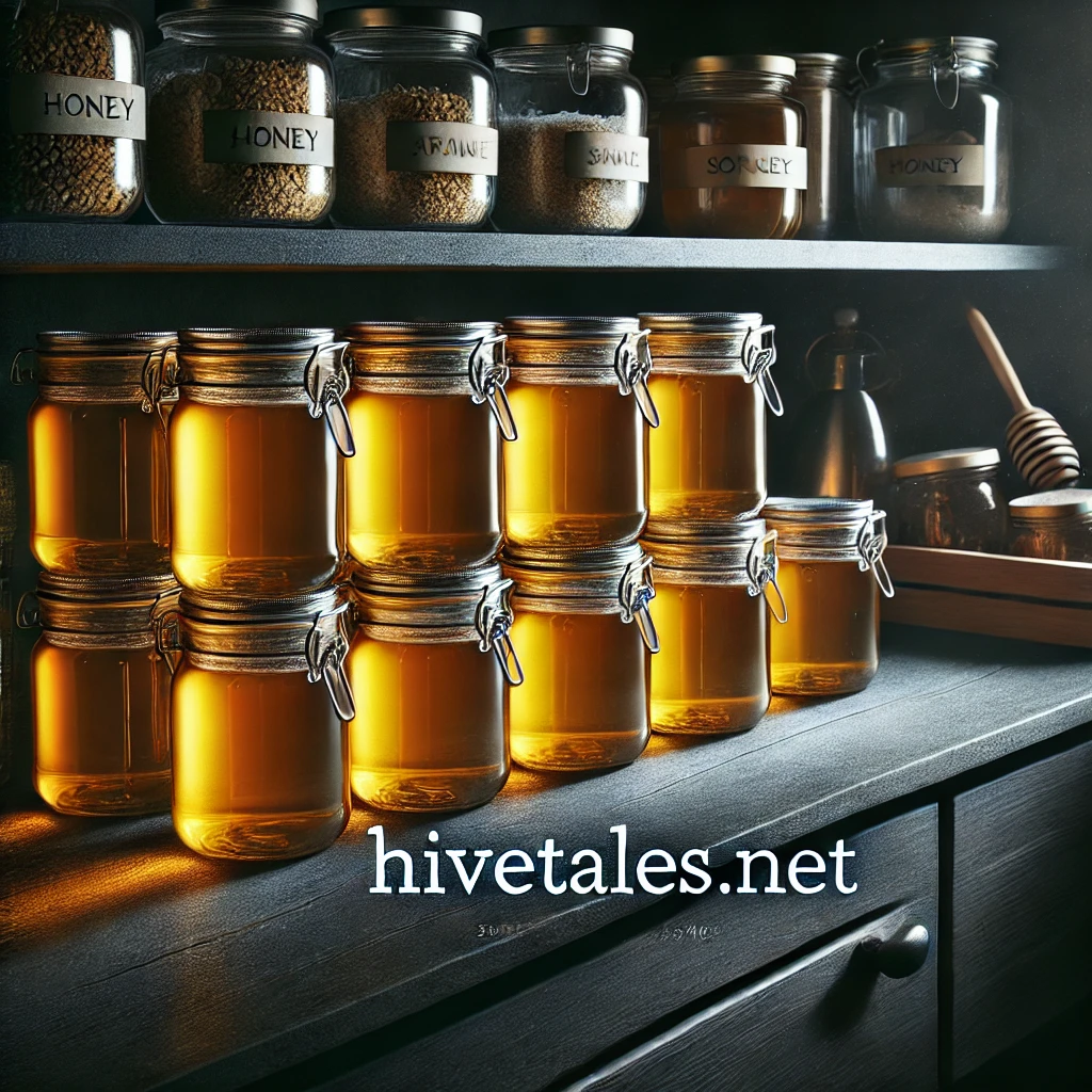 Jars of honey stored on a pantry shelf in airtight glass containers, showing golden honey under natural lighting.