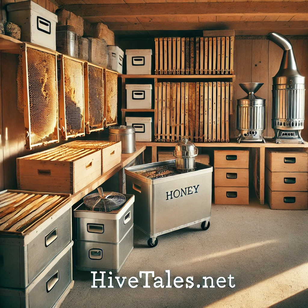 Cleaned honey extractor and beekeeping frames neatly stored, ready for the next honey harvest.