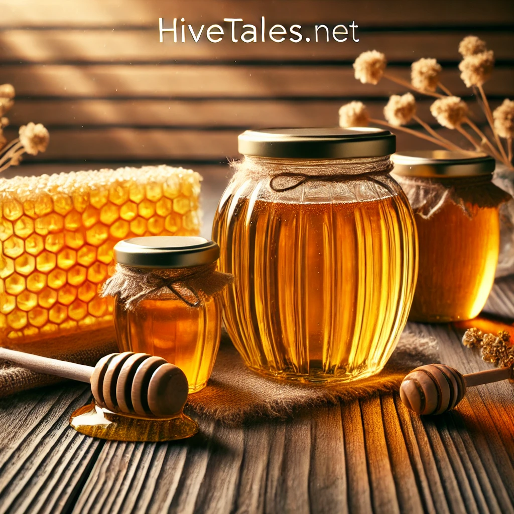 Jars of golden honey and a honeycomb piece arranged on a wooden table with natural lighting.