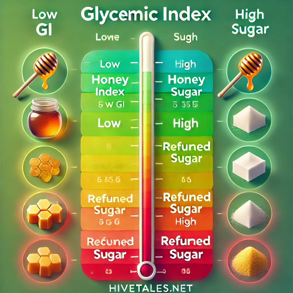 Visual representation of the glycemic index scale comparing honey (low GI) and refined sugar (high GI).