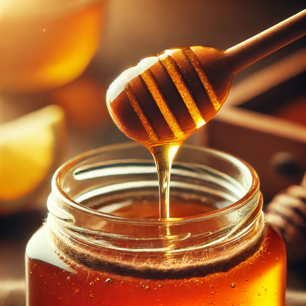 Close-up of golden honey drizzling from a spoon into a jar, with a cozy, warm background featuring a cup of tea and lemon."