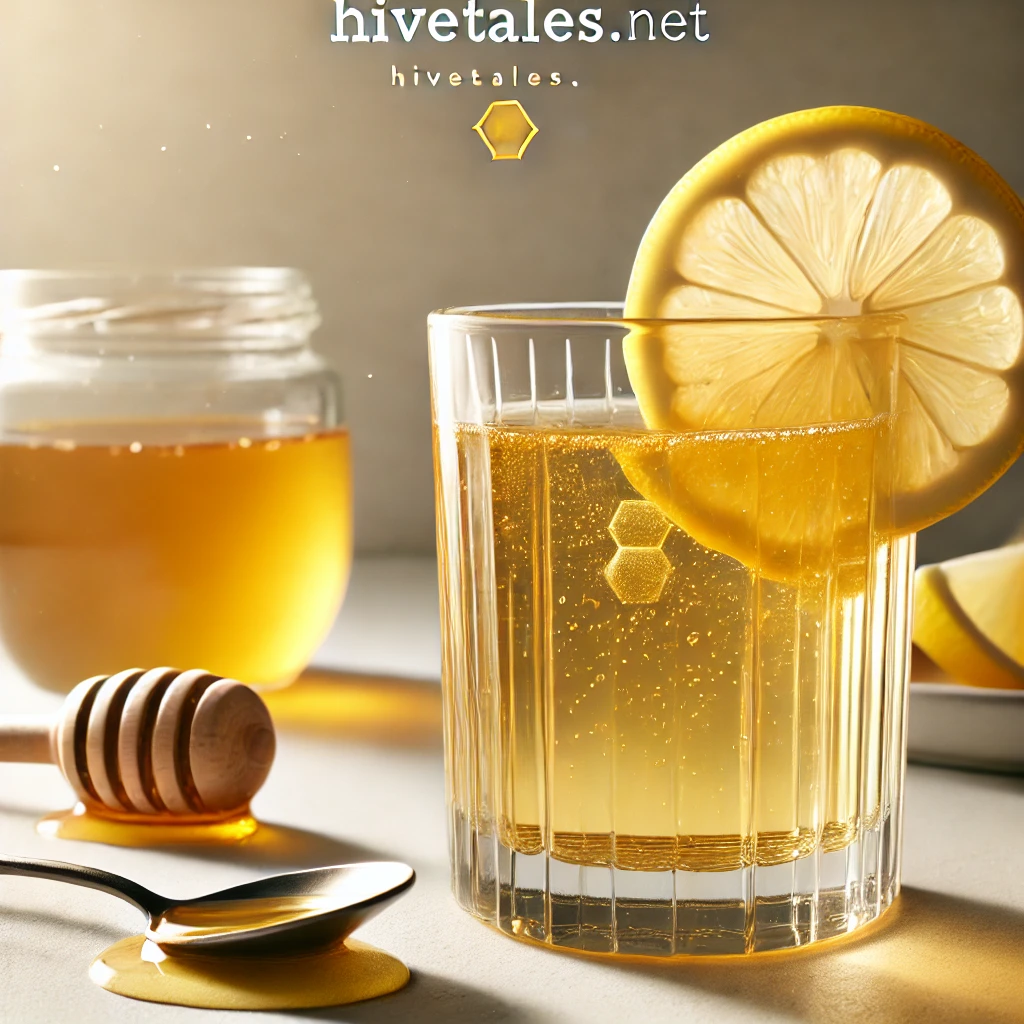 Close-up of a refreshing glass of warm honey and lemon water with a slice of lemon and a spoon of honey next to it.