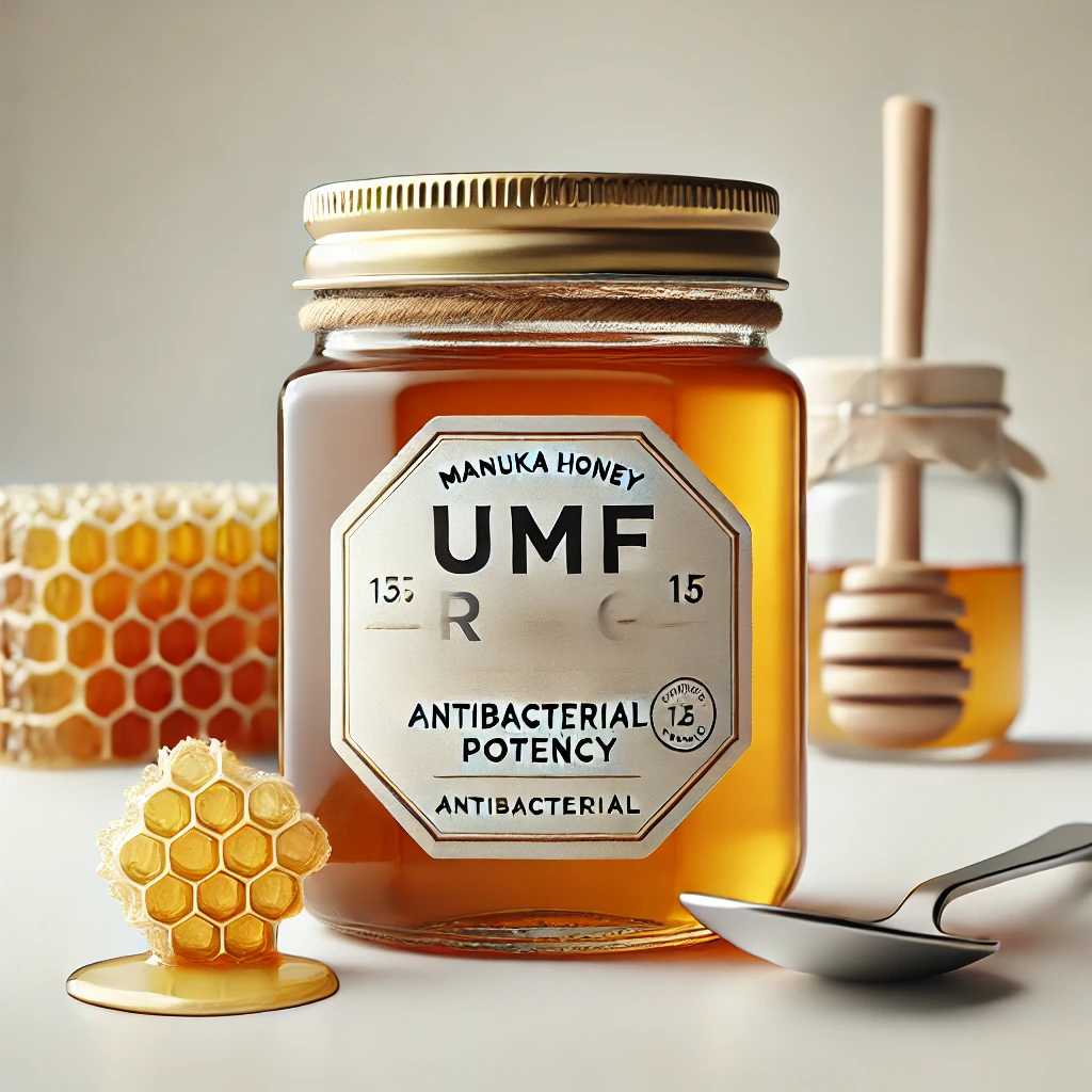 Jar of Manuka honey with a clear UMF rating label, placed next to fresh honeycomb and a spoon on a clean white surface.