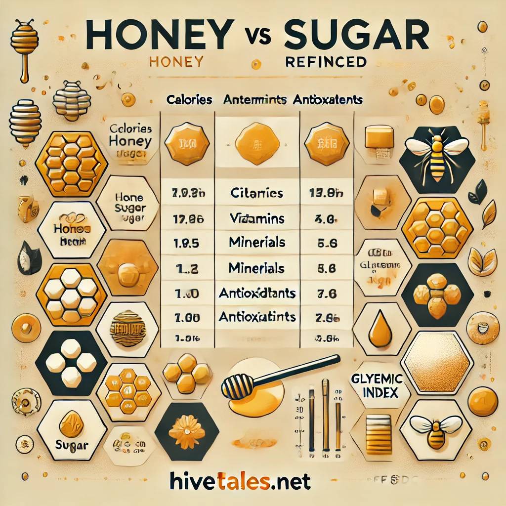 Comparison chart showing nutritional differences between honey and refined sugar, highlighting calories, vitamins, antioxidants, and glycemic index.