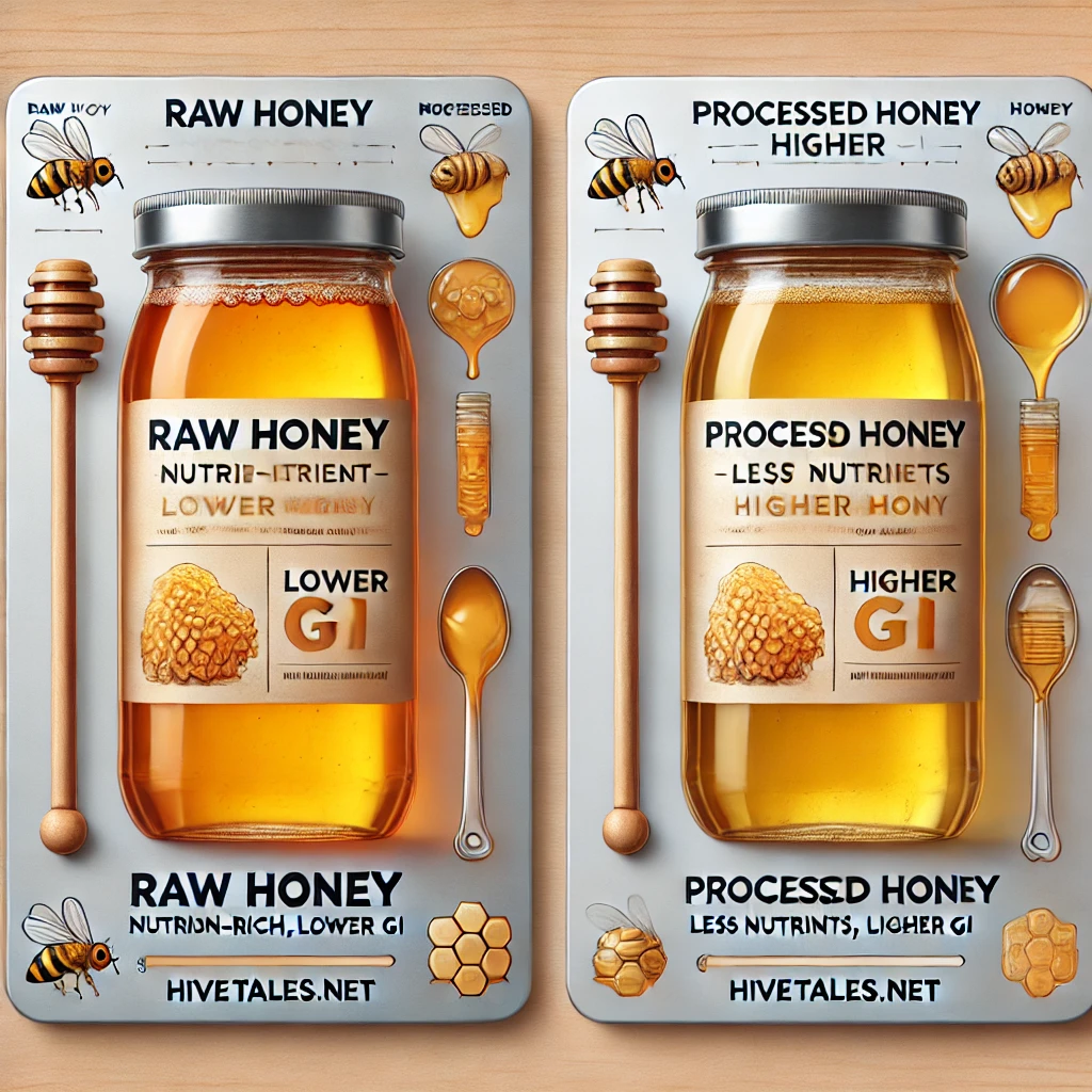 Side-by-side comparison of raw honey and processed honey, highlighting their differences in texture, color, and nutrient content.