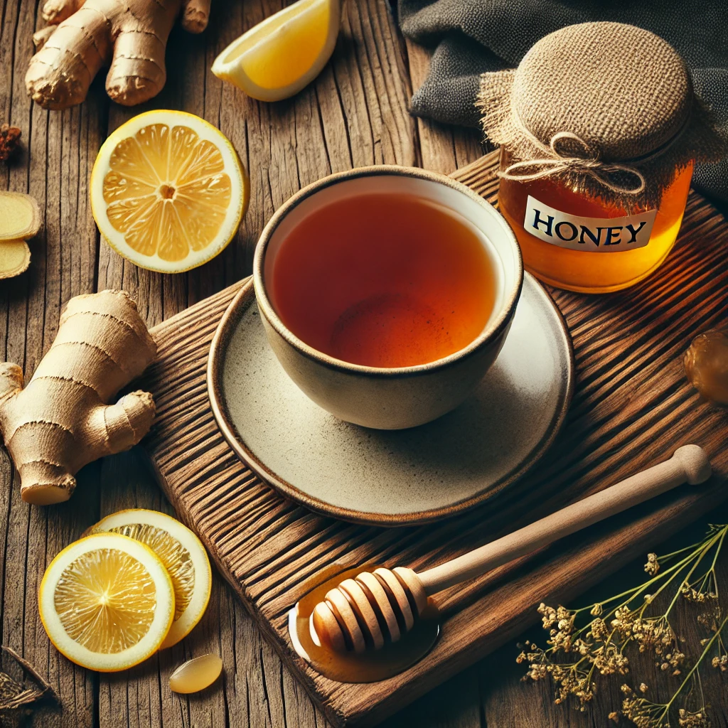 Flat-lay of a warm cup of tea with honey, lemon slices, and ginger, placed on a rustic wooden surface.